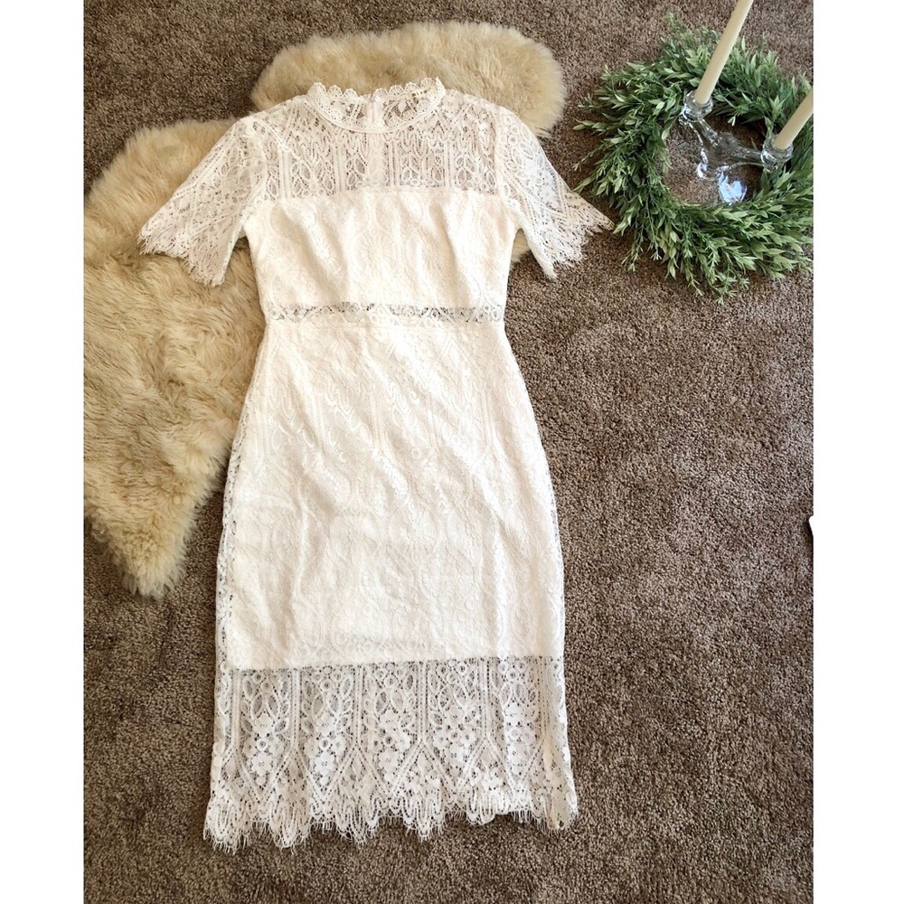 White short sleeve lace midi dress sheer midriff